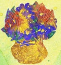 Bouquet of flowers in a vase - watercolor artwork on a yellow background, hand drawn illustration