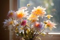 Bouquet of flowers in vase on the window with sunlit, spring Royalty Free Stock Photo