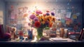 Bouquet of flowers in vase on windowsill. Mixed media