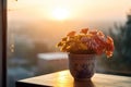 Bouquet of flowers in a vase on the windowsill at sunset, A cup of coffee and a beautiful flower vase with fresh blooms, AI