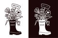 A bouquet of flowers and a welcome sign in a rubber boot. Stencil for cutting, burning, painting, etc