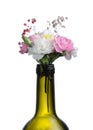bouquet of flowers white pink yellow from the neck of the bottle. womens day, floral wine aromas