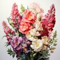 Detailed Watercolor Snapdragon Bouquet On White Background