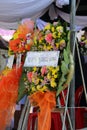 A bouquet of flowers, wreaths, wreaths pay respects at a funeral ceremony at a Thai temple, Thailand.