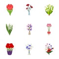 A bouquet of fresh flowers cartoon icons in set collection for design. Various bouquets vector symbol stock web Royalty Free Stock Photo