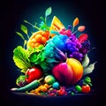 Bouquet of fresh fruits and vegetables on a dark background. Generative AI