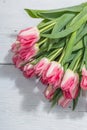 Bouquet of fresh pink tulips on white wooden background. Festive concept for Mother\'s Day Royalty Free Stock Photo