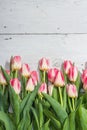 Bouquet of fresh pink tulips on white wooden background. Festive concept for Mother\'s Day Royalty Free Stock Photo