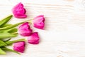 Bouquet of fresh pink tulips on a white wooden background Royalty Free Stock Photo
