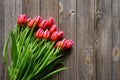 Bouquet of fresh pink tulips on a wooden background, top view. Royalty Free Stock Photo