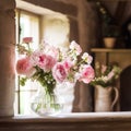 Bouquet of fresh rose flowers in the country cottage. Generative AI Royalty Free Stock Photo