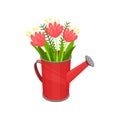 Bouquet of fresh spring flowers in bright red watering can. Cute natural composition. Flat vector icn