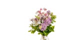 Bouquet of fresh spring flowers, white lily, decorative onion balls, aquilegia, cuff, Lady`s Mantle in a glass jar Royalty Free Stock Photo