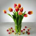 bouquet of fresh tulips and small red yellow chocolate easter eggs on the table, spring decoration Royalty Free Stock Photo