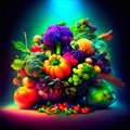 Bouquet of fresh vegetables and fruits on a dark background. Generative AI