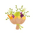 Bouquet of fresh vegetables, ripe carrot, cabbage, onion bulbs and lemon wrapped in paper. Flat vector icon