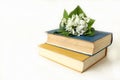 A bouquet of fresh violets lies on a stack of books, side view, close-up, space for text Royalty Free Stock Photo