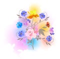 Bouquet of garden flowers against rainbow spots. Watercolor imitation