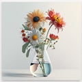 Bouquet of garden flowers in transparent glass vase on white background. AI generative image Royalty Free Stock Photo