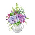 Bouquet of garden flowers in white porcelain jug. Watercolor painted illustration. Garden cut tender flowers in white