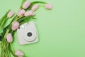 Bouquet of gentle pink tulips and camera on light green background Royalty Free Stock Photo