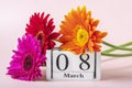 Bouquet of gerbera flowers, calendar with date 08 march on pink background Holiday greeting card International womens Royalty Free Stock Photo