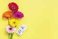 Bouquet of gerbera flowers, calendar with date 08 march on yellow background Holiday greeting card International womens Royalty Free Stock Photo