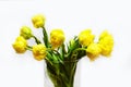 Bouquet of gorgeous yellow tulips in a glass vase ,isolated on white. Source material, sample of spring flowers for your