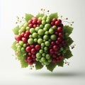 bouquet of green and red grapes with grape leaves forming a ring around them.