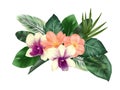 Bouquet of green tropical leaves, clivia and orchid flowers, tropical floral clipart