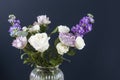 Bouquet of hackelia velutina, purple and white roses, small tea roses, matthiola incana and blue iris in glass vase . Dark blue Royalty Free Stock Photo