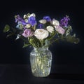 F hackelia velutina, purple and white roses, small tea roses, matthiola incana and blue iris in glass vase . Dark blue Royalty Free Stock Photo