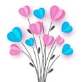 Bouquet with branch and pink and blue hearts.
