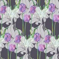 Graphic flowers blue tulip with lily on a gray background. Floral seamless pattern.