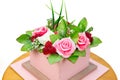 A bouquet of handmade soap in the form of roses and raspberries in a wooden creative planter Royalty Free Stock Photo