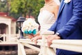 Bouquet in hands at the groom and bride