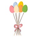 Bouquet of HAppy easter eggs on wooden sticks with pink bow with black linesisolated on white background. Hand drawn vector doodle Royalty Free Stock Photo