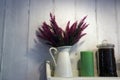 Bouquet Heather in a white jug on the shelf next to a candle and coffee beans in a glass jar Royalty Free Stock Photo