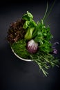 Bouquet of herbs spices: mint, rosemary, salad on a dark background