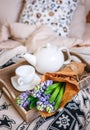 Bouquet hyacinth flowers and teapot with fresh tea are on bed Royalty Free Stock Photo