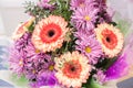 bouquet of large fresh orange gerbera chamomile and pink chrysanthemums