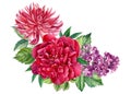 Bouquet with leaves and flowers, dahlia, lilac and peonies. Bright watercolor illustration