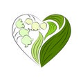 A bouquet of light flowers in the shape of a heart small lilies of the valley with green leaves isolated on a white background