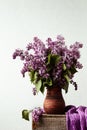 Bouquet of lilac flowers in a ceramic pot on an old box Royalty Free Stock Photo