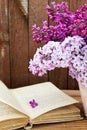 Bouquet of lilac flowers in a pot and old book on a background o Royalty Free Stock Photo