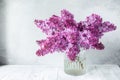 Bouquet of lilac in a glass vase in front of stone wall With space for your text Rustic style