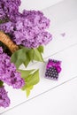 Bouquet of lilac in wicker basket with purple gift box on white Royalty Free Stock Photo