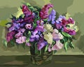 Bouquet of lilacs of different colors in a vase on a dark table. Painting by numbers. Vector illustration