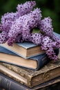 bouquet of lilacs and old books, on a table in the garden in the shade of trees Royalty Free Stock Photo