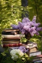 bouquet of lilacs and old books, on a table in the garden in the shade of trees Royalty Free Stock Photo